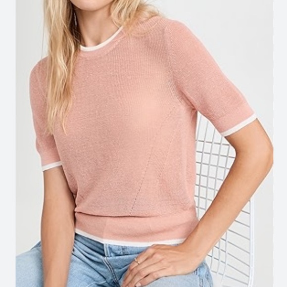 Veronica Beard Linen Ribbed Dean Short Sleeve Sweater - Light Peach - Picture 1 of 9